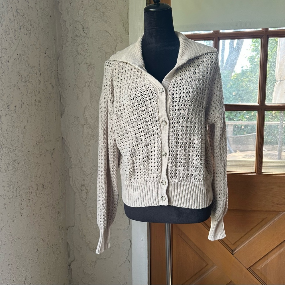 🦋 Rachel Zoe Cream Button-Up Collar Long Sleeve Knit Crochet Sweater Cardigan